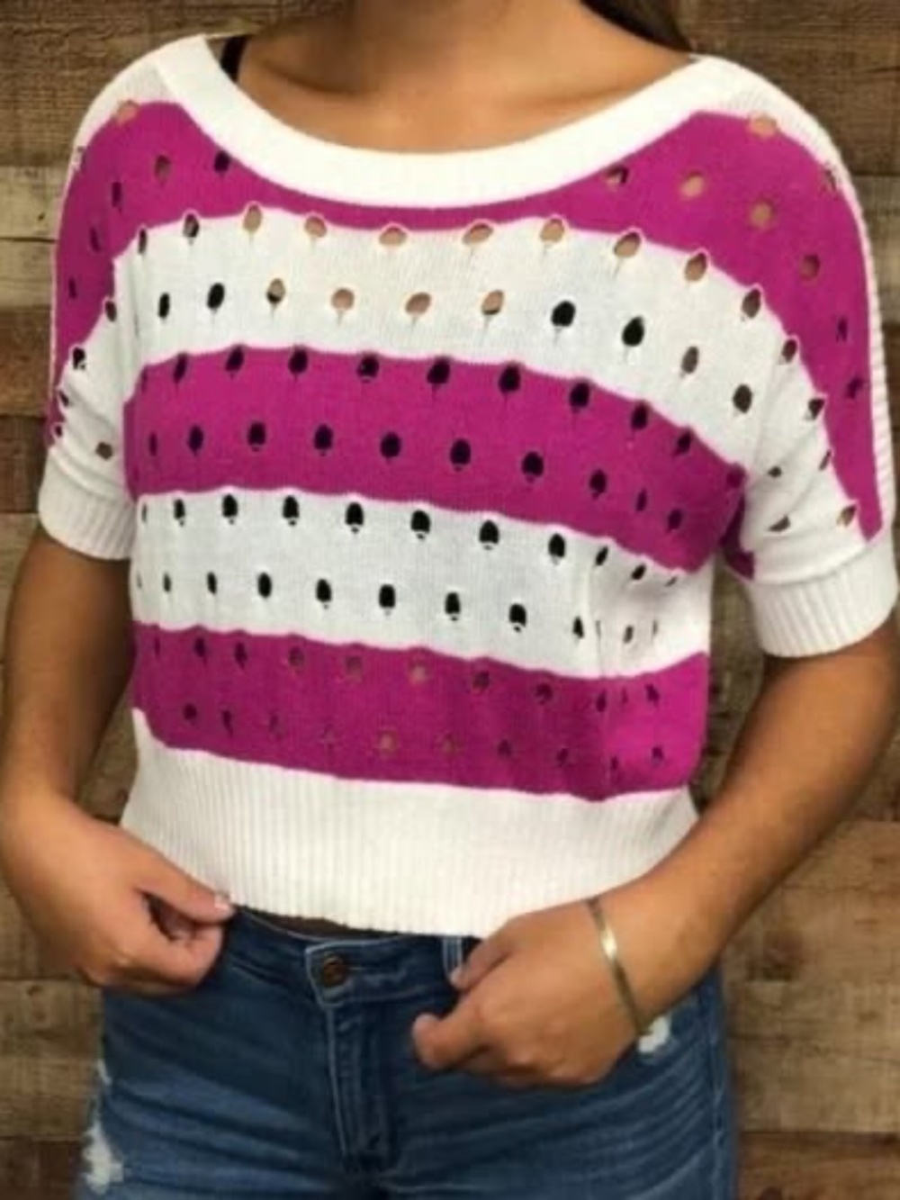 Juniors Size Medium heart-n-crush Pink & white Striped Cropped Sweater